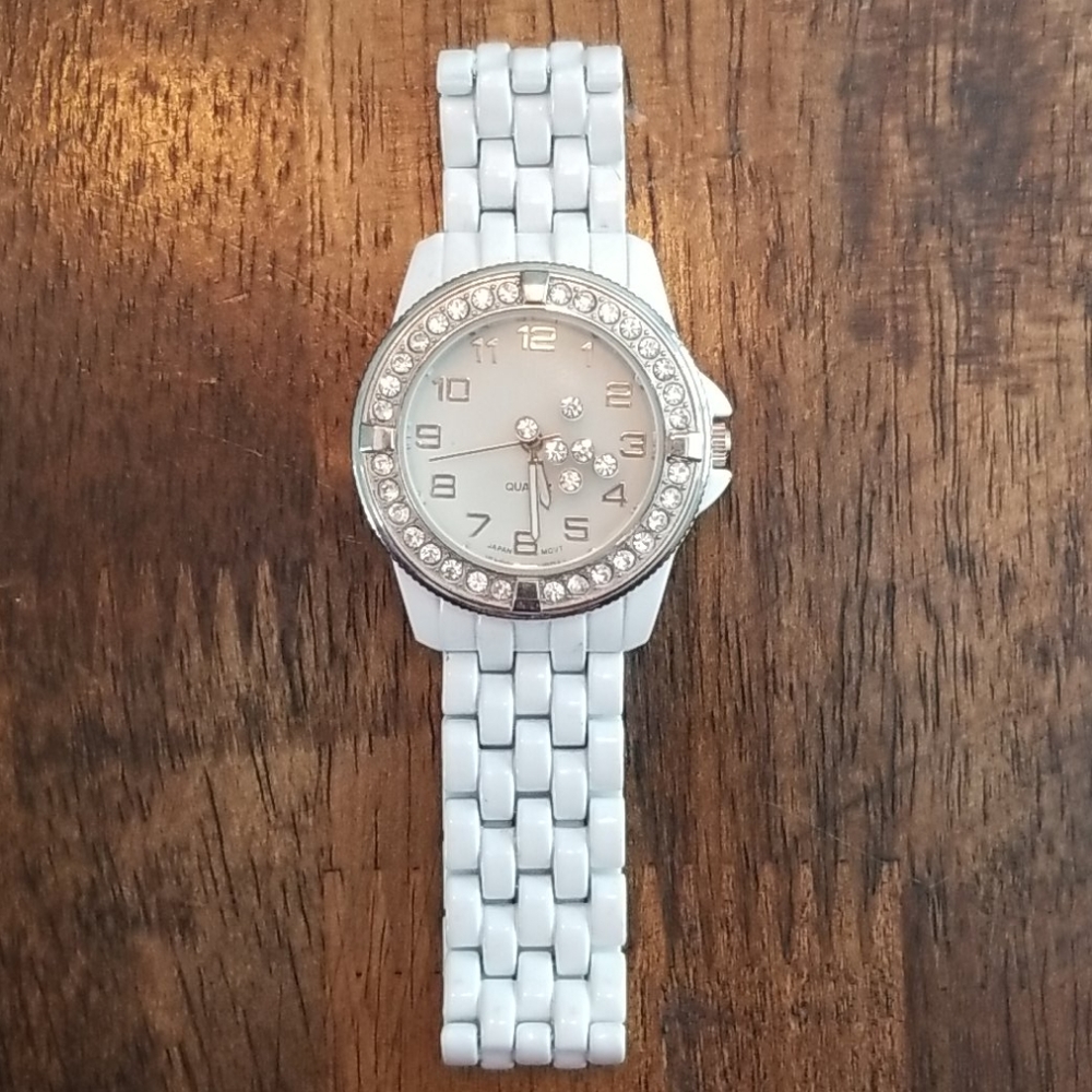 Women's White Watch with Crystals, Dots